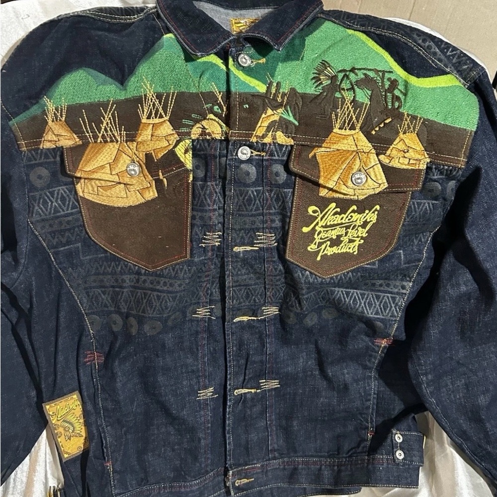 VINTAGE Akademiks Jacket Mens 3XL Blue Denim Native American Western Embroidered